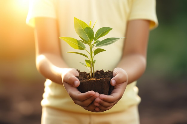 緑の自然の背景に太陽の光を照らした若い植物を握る子供たちの手 エコ・アース・デイのコンセプト