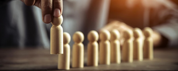 Scegli la mano persona concetto di bambola di legno di leadership e pensiero creativo del team aziendale e risorse umane per il lavoro di squadra o il giocatore di squadra