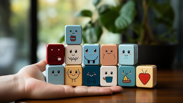 Hand chooses an emoticon icons healthcare medical symbol on a wooden block Generative AI