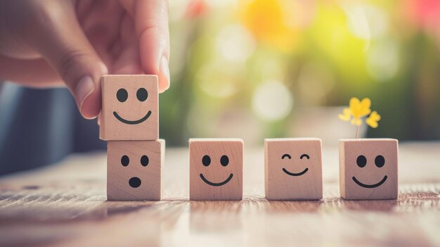 Рука выбирает с счастливой улыбкой лицо иконы смайликов на деревянном кубике хорошая оценка отзывов для клиента