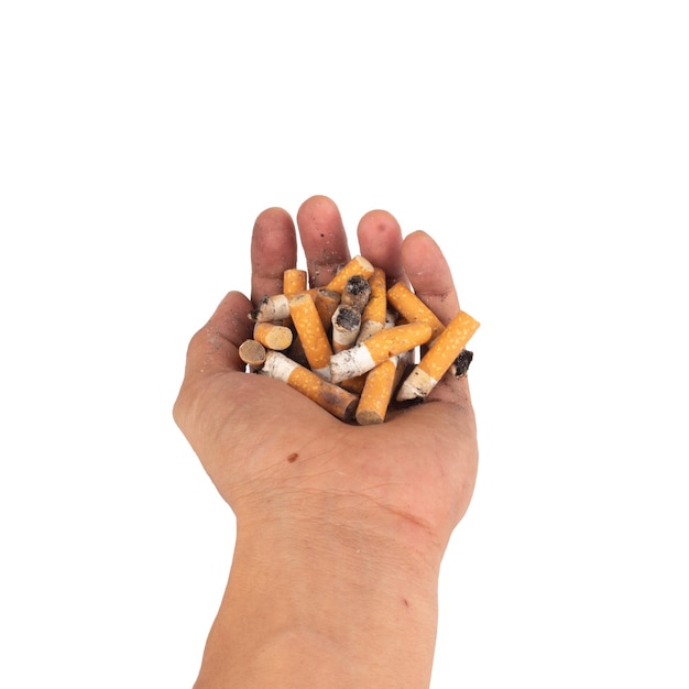 Hand cigarette butts isolated on white background