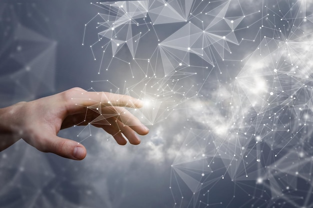 The hand clicks on a network connectionNetworking concept