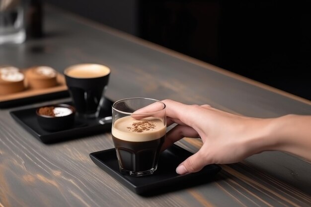 Hand coffee and barista with mockup for product placement in a cafe created with generative ai