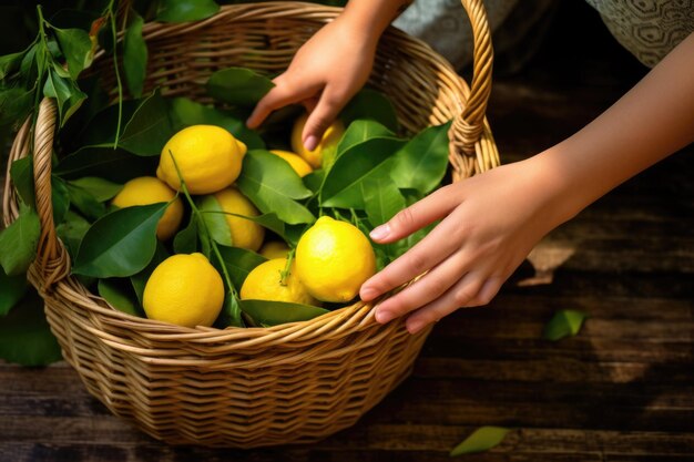 Foto raccogliere a mano i limoni in un cestino di vimini rustico