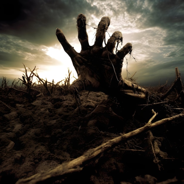 Photo hand coming out from grave or zombie hands emerging from the ground