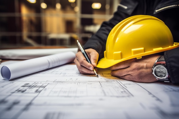 Foto consegnare i piani di costruzione con il casco giallo e lo strumento di disegno