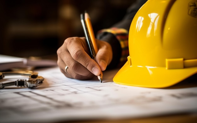 Photo hand over construction plans with yellow helmet and drawing tool