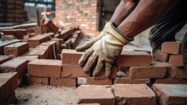 A hand of construction worker industrial bricklayer with Generative AI Technology