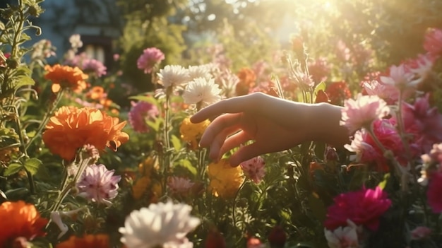 Hand Covering Flowers at the Garden with Sunlight Generative AI