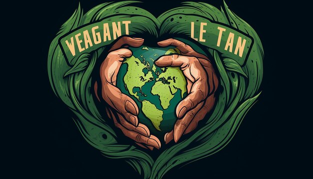 Photo hand cradles heartshaped earth with 'vegan for the planet' in bold modern font abstract