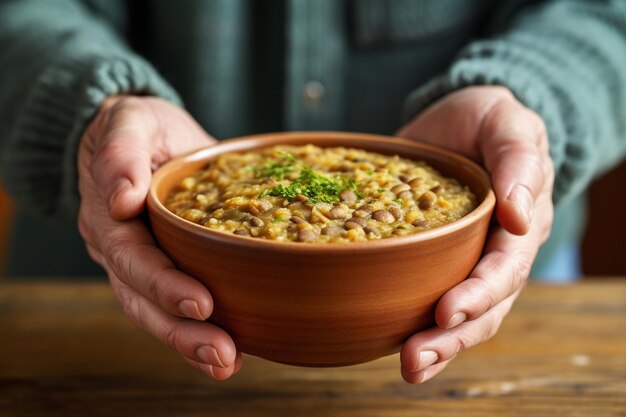 Foto una mano che stringe una ciotola calda di zuppa di lenticchie