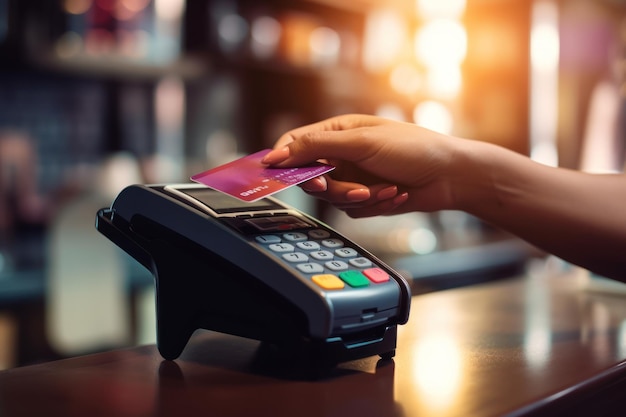 Hand of customer paying with contactless credit card Generative AI