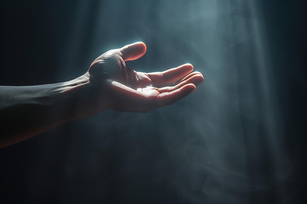 Hand in the dark hand reaches for the ray of light Hope loneliness faith depression concept