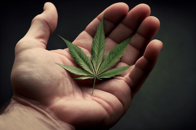 A hand delicately cradles a vibrant green leaf of CBD hemp a symbol of natural healing and wellness Generative AI