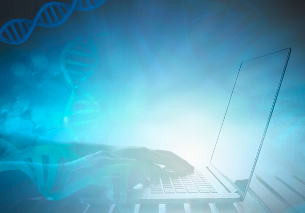 Hand die aan computernotitieboekje werkt met dna-structuur en molecuul