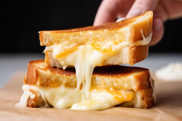 Hand die een gegrilde kaassandwich uit elkaar trekt met kleverige kaas