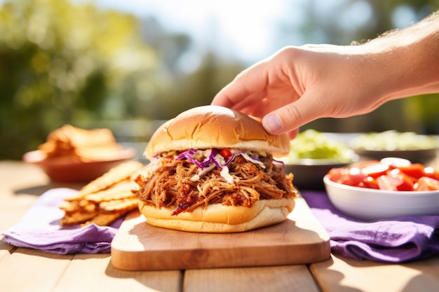 Hand die een sandwich met varkensvlees vasthoudt boven een picknicktafel