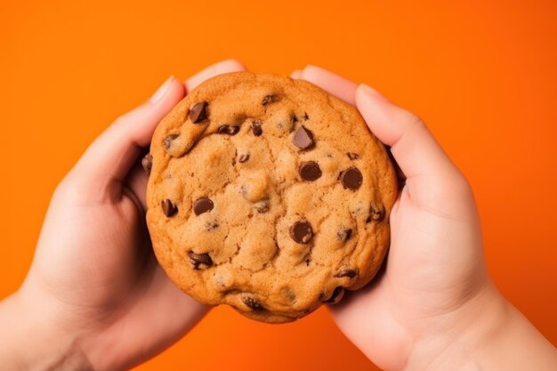 Hand die een stapel heerlijke zelfgemaakte chocoladekoekjes met rozijnen aanbiedt