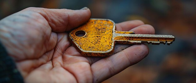 Foto hand die een vintage sleutel vasthoudt die toegang vertegenwoordigt