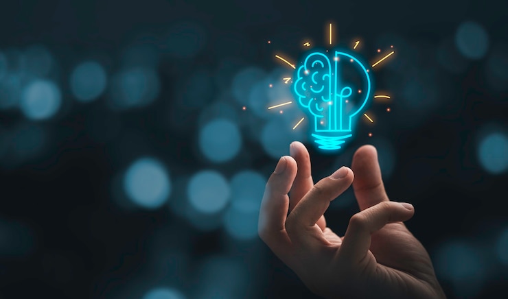 Foto hand die virtuele gloeilamp met hersenen trekt op bokehachtergrond voor creatief en slim denkend idee concep