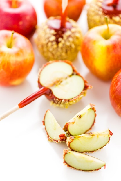 Hand dipped caramel apples decorated for Halloween.