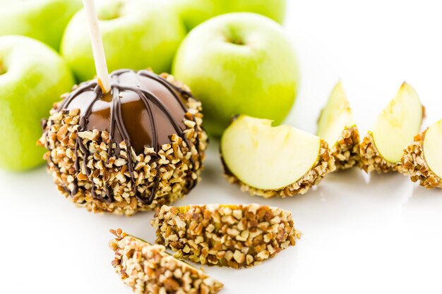 Hand dipped caramel apples decorated for Halloween.