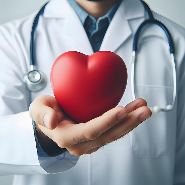 赤い心臓を握っている医師の手 世界保健日
