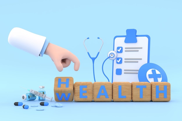 Hand doctor is turning a dice and changes the word Health to Wealth