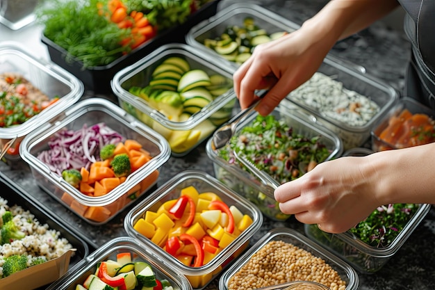 Photo hand doing meal prep with containers with healthy food for the week