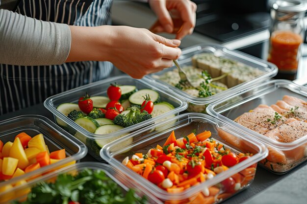 Hand doing meal prep with containers with healthy food for the week