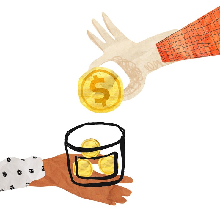 Photo hand donating money png charity paper craft collage transparent background
