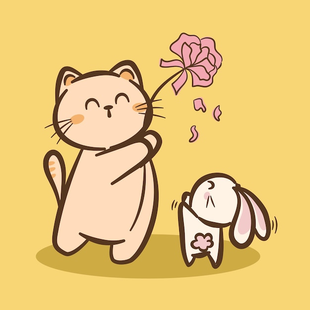 hand draw cute cat and rabbit cartoon character vector on color background cartoon character design