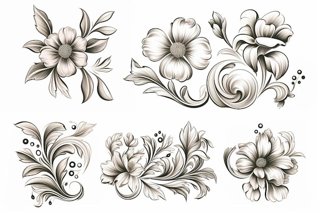 Hand draw floral colorless decoration elements