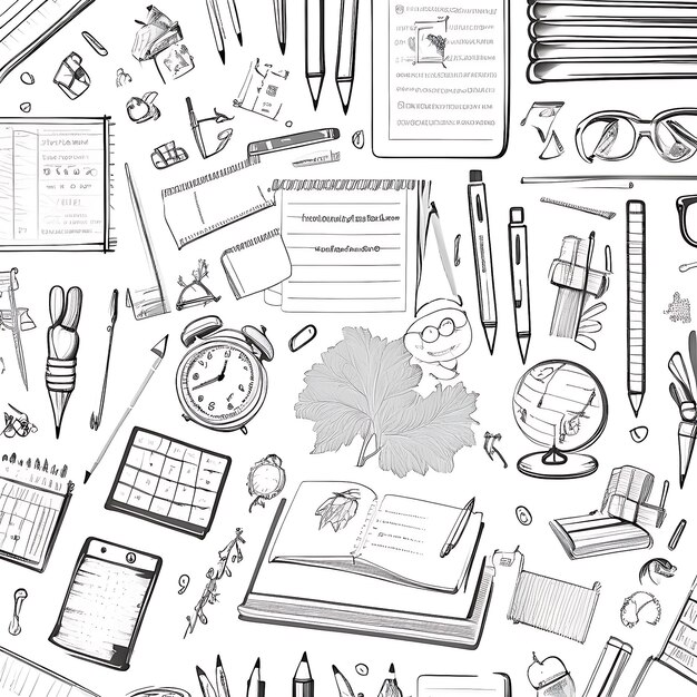 hand draw seamless pattern with different subjects on the school theme line art sketch white