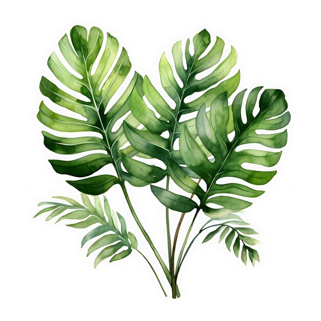 Hand Draw Watercolor Papaya Tree Aloe Vera Calathea Zz Plant on White Flat Creative Art Decorator