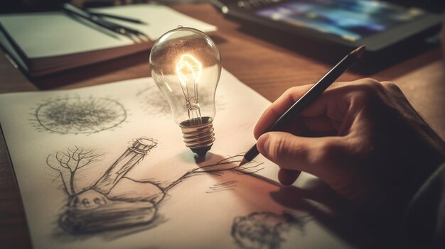 写真 鉛筆で紙に電球を描く手生成ai