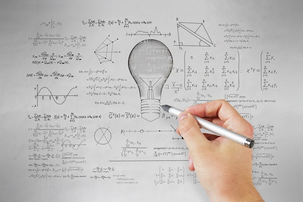 Hand drawing abstract lamp sketch with mathematical formulas on concrete wall background Intelligence idea solution science and innovation concept