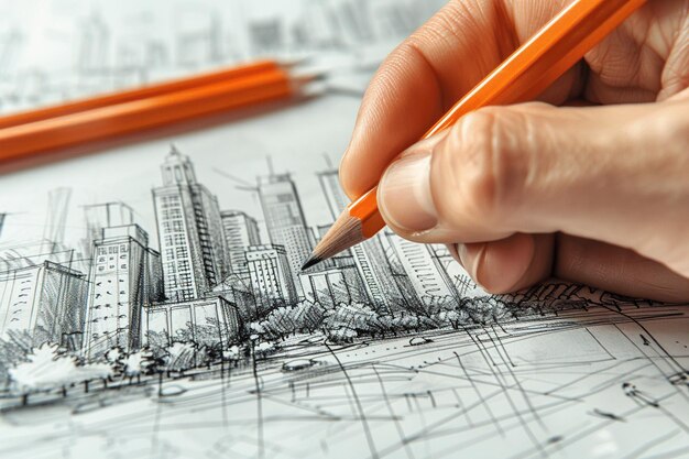 Hand drawing building plan on crumpled paper background Construction concept