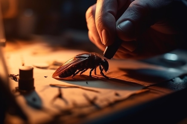 A hand drawing a cockroach on a piece of paper.