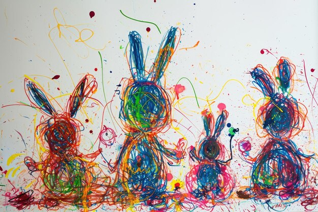 Photo a hand drawing colorful group of various type of the rabbit with crayon aigx