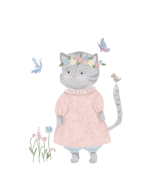 hand drawing of a cute cartoon cat in a dress and with flowers and butterflies