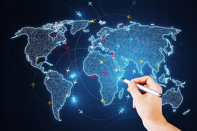hand drawing network connections and data points on a virtual world map signifying global communication