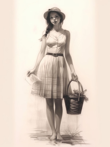Hand drawing picture of young woman with a basket in a summer dress and apron
