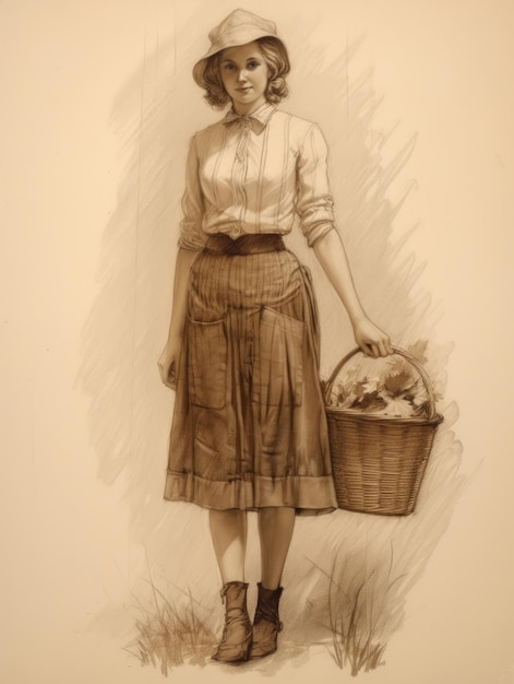 Hand drawing picture of young woman with a basket in a summer dress and apron