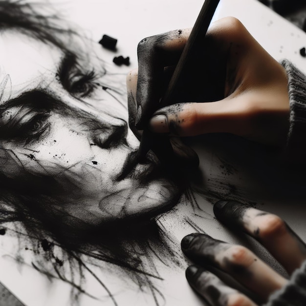 Hand drawing a portrait of a woman with charcoal