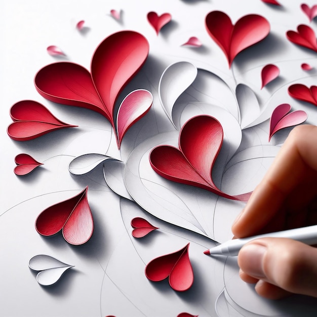 A hand drawing red hearts on a white sheet AI generated