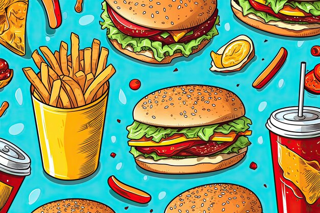 A hand drawing seamless pattern of fast food