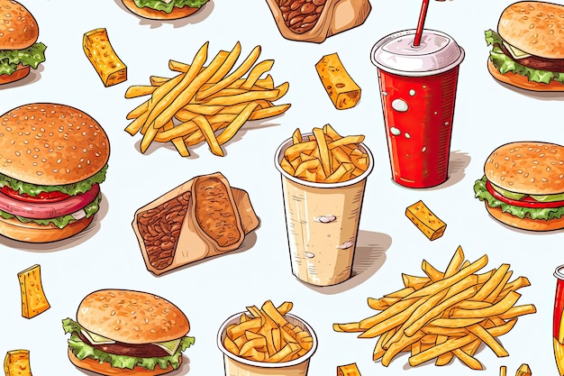 A hand drawing seamless pattern of junk food