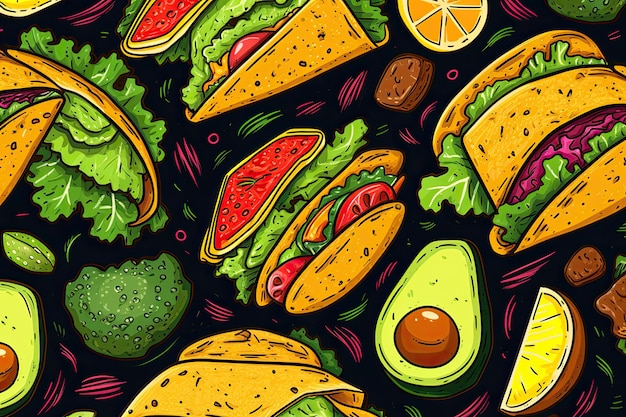Photo a hand drawing seamless pattern of taco