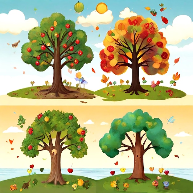 写真 4つの季節を表す木のイラスト